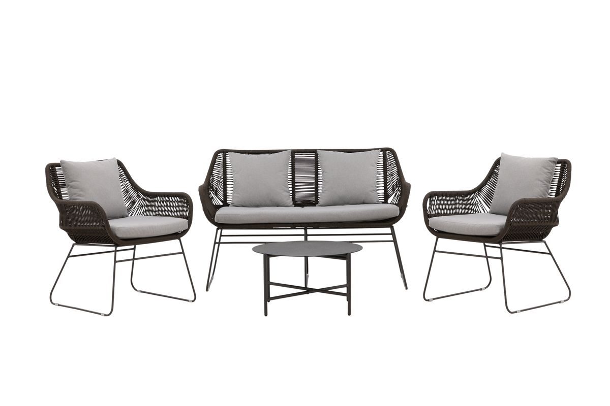 Salon de jardin Davao avec canapé 2 places, deux fauteuils et table ronde en corde brune et coussins gris