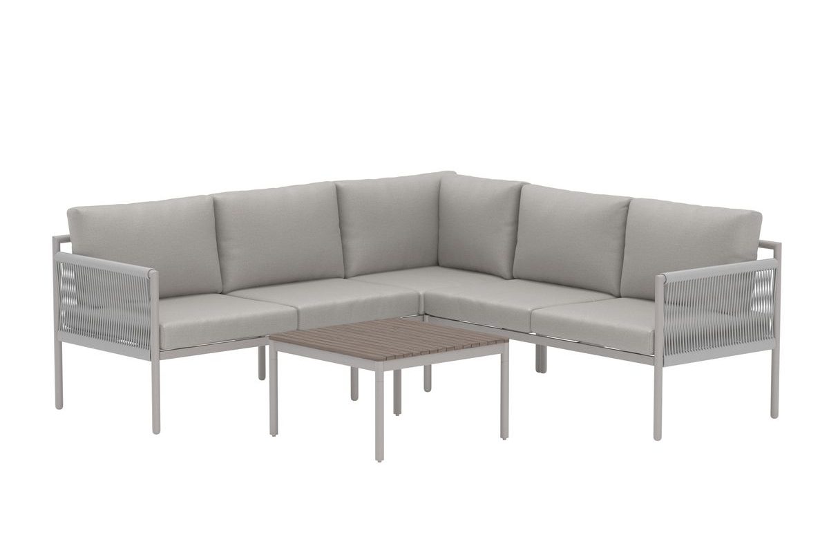 Ensemble de jardin KOS beige en aluminium avec canapé d’angle et table basse polywood