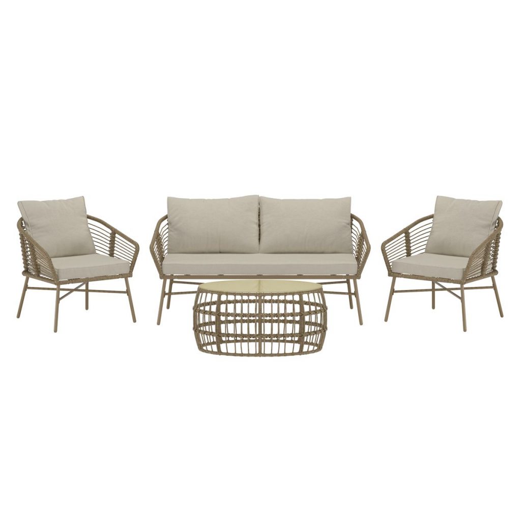 Salon de jardin Lipari en rotin artificiel brun avec canapé 2 places, fauteuils et table basse en verre