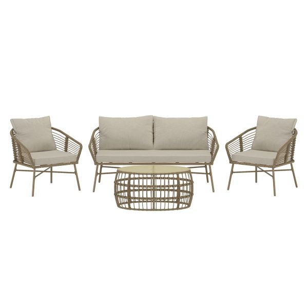 Salon de jardin Lipari en rotin artificiel brun avec canapé 2 places, fauteuils et table basse en verre