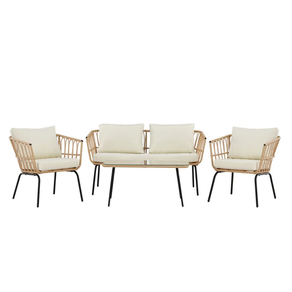 Salon de jardin Ortigia en rotin naturel et métal noir avec canapé, fauteuils et table basse en verre