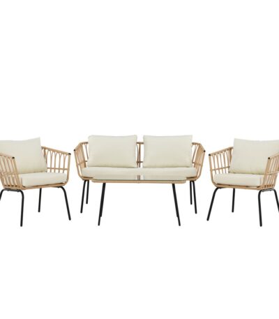 Salon de jardin Ortigia en rotin naturel et métal noir avec canapé, fauteuils et table basse en verre