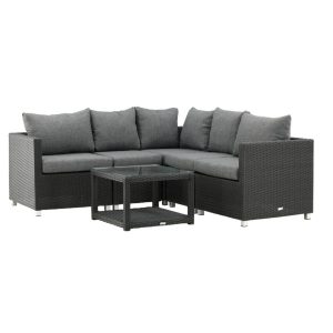 Salon de jardin d’angle Vamos noir en rotin synthétique avec coussins clairs et table basse en verre