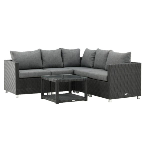 Salon de jardin d’angle Vamos noir en rotin synthétique avec coussins clairs et table basse en verre