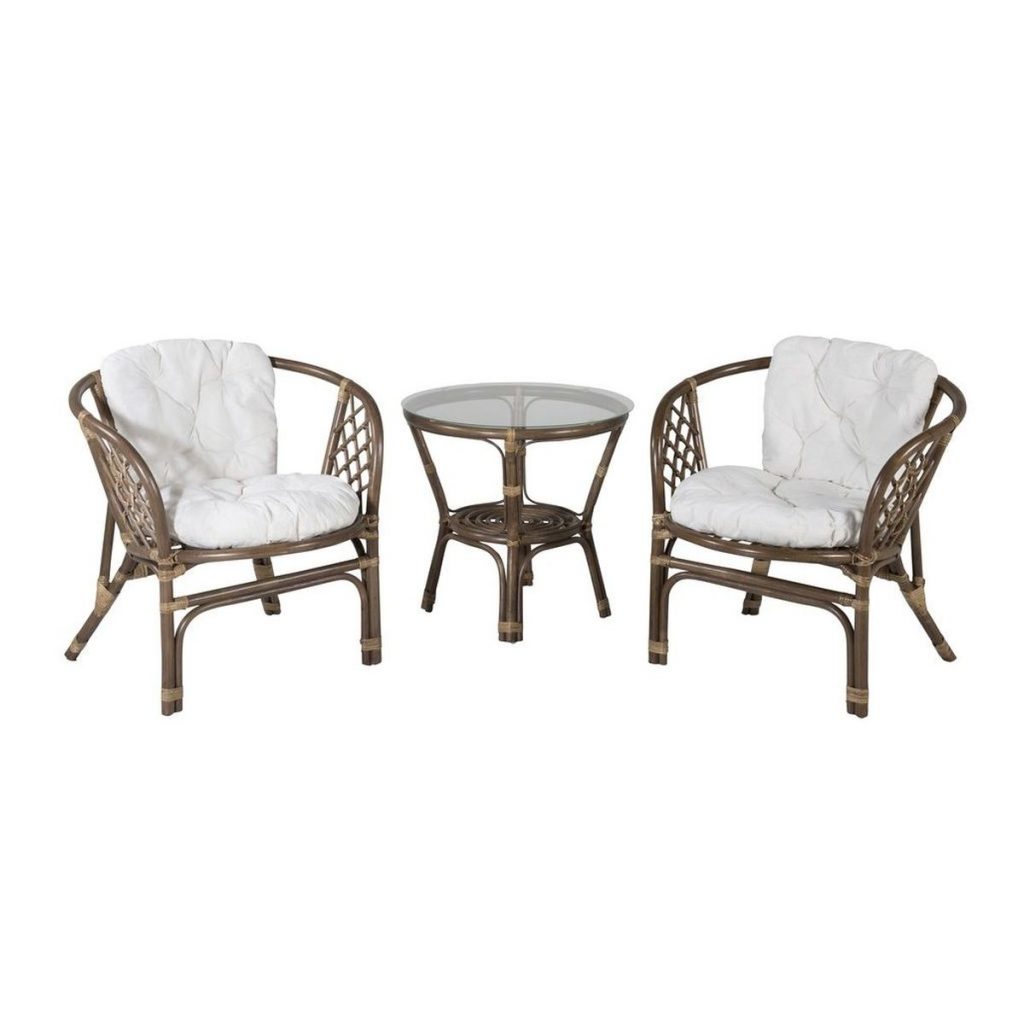 Salon en rotin Wera 2 places avec fauteuils et table ronde en verre, mobilier extérieur abrité pour terrasse couverte ou véranda