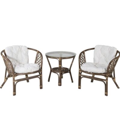 Salon en rotin Wera 2 places avec fauteuils et table ronde en verre, mobilier extérieur abrité pour terrasse couverte ou véranda