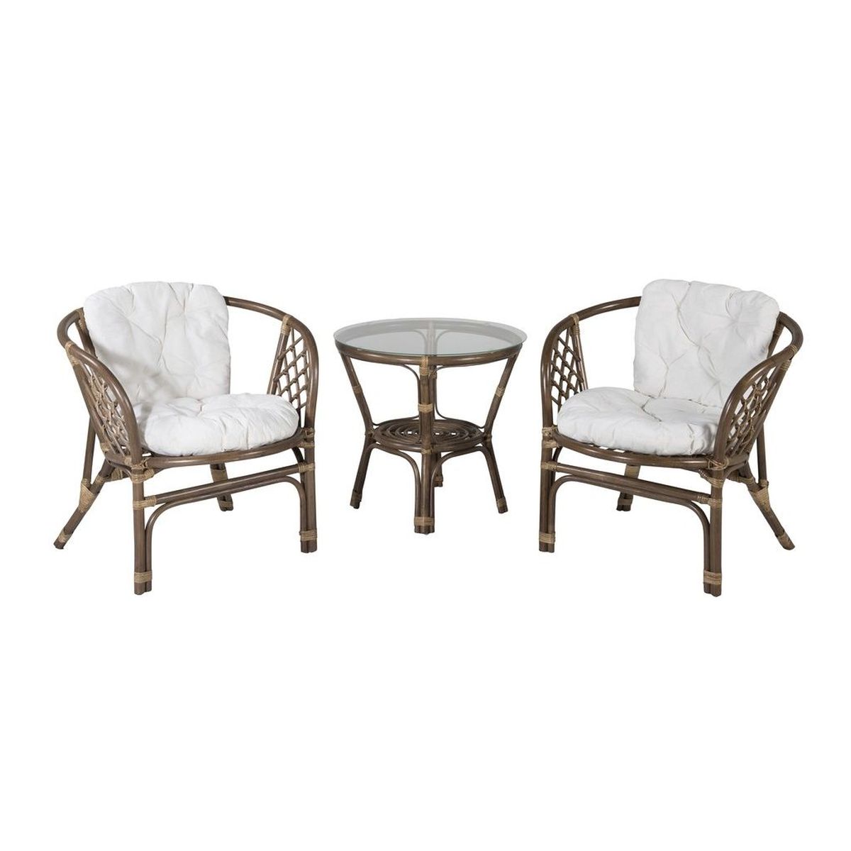 Salon en rotin Wera 2 places avec fauteuils et table ronde en verre, mobilier extérieur abrité pour terrasse couverte ou véranda