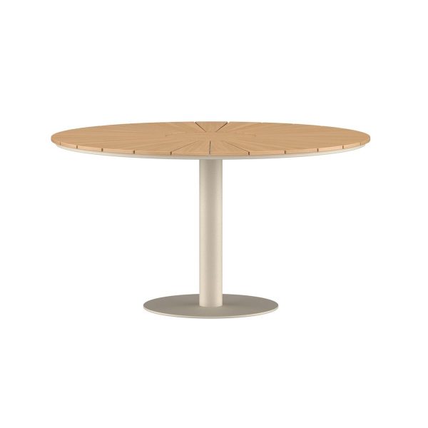 Table à manger extérieur Croft ronde en teck et aluminium beige 120 cm pour terrasse et jardin