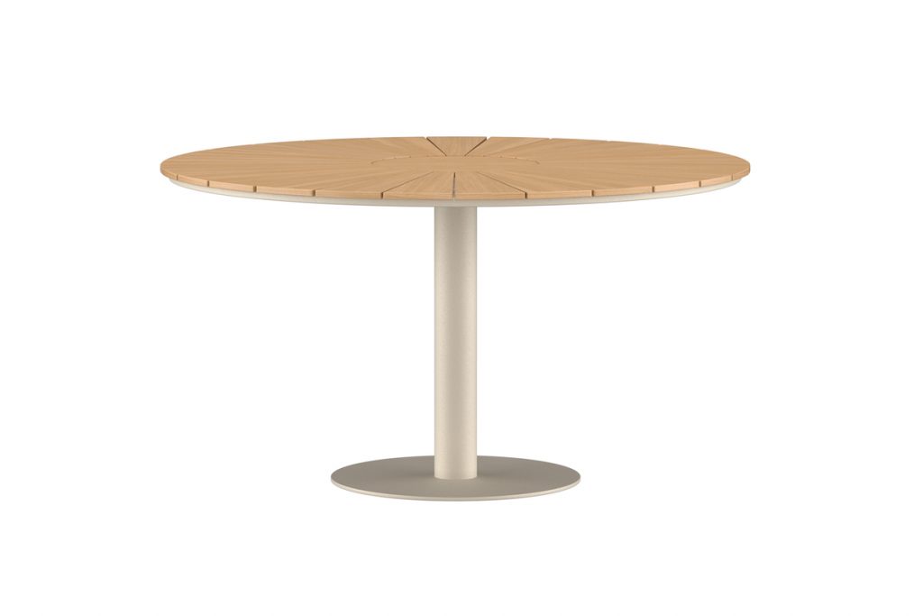 Table à manger extérieur Croft ronde en teck et aluminium beige 120 cm pour terrasse et jardin