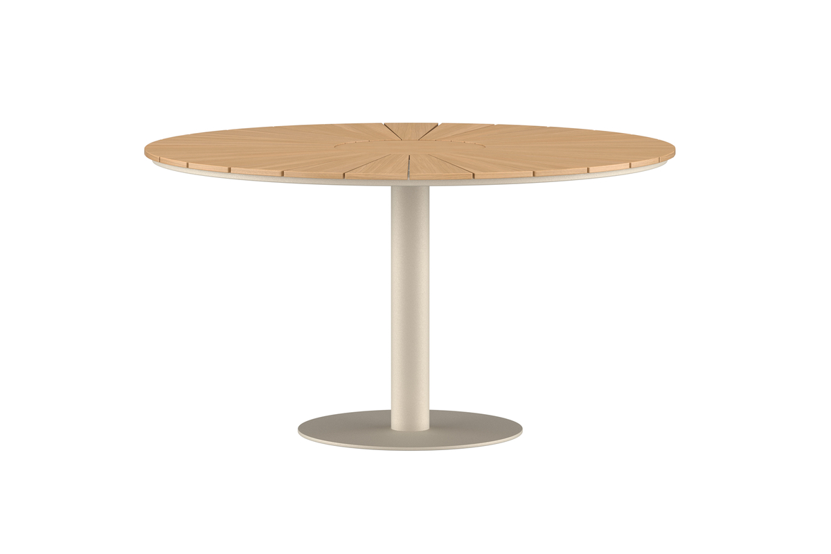 Table à manger extérieur Croft ronde en teck et aluminium beige 120 cm pour terrasse et jardin