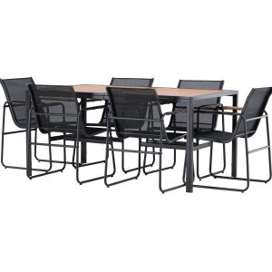 Table de jardin 6 places Lampedusa avec plateau effet pierre et six chaises en acier noir sur terrasse moderne