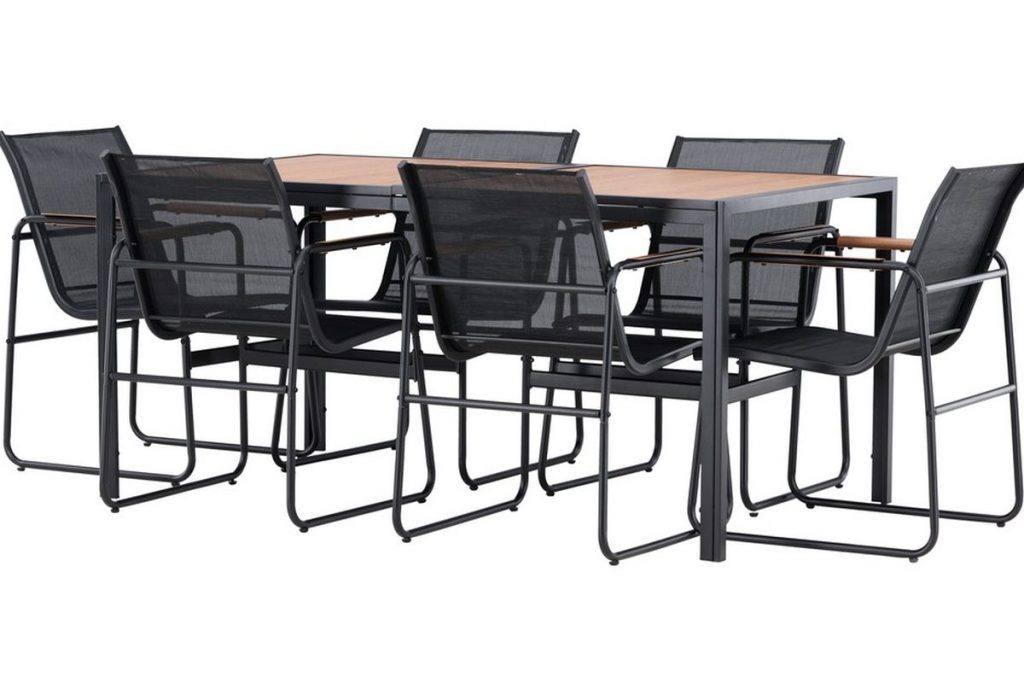 Table de jardin 6 places Lampedusa avec plateau effet pierre et six chaises en acier noir sur terrasse moderne