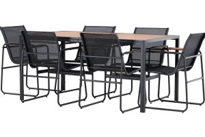 Table de jardin 6 places Lampedusa avec plateau effet pierre et six chaises en acier noir sur terrasse moderne