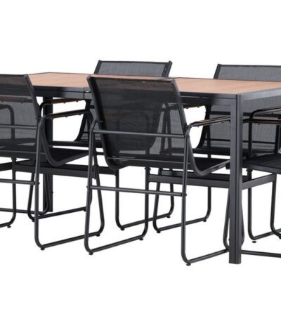 Table de jardin 6 places Lampedusa avec plateau effet pierre et six chaises en acier noir sur terrasse moderne