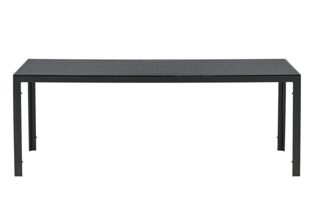Table de jardin Break noire avec plateau aspect bois et pieds aluminium noir, grande table extérieure 8 personnes