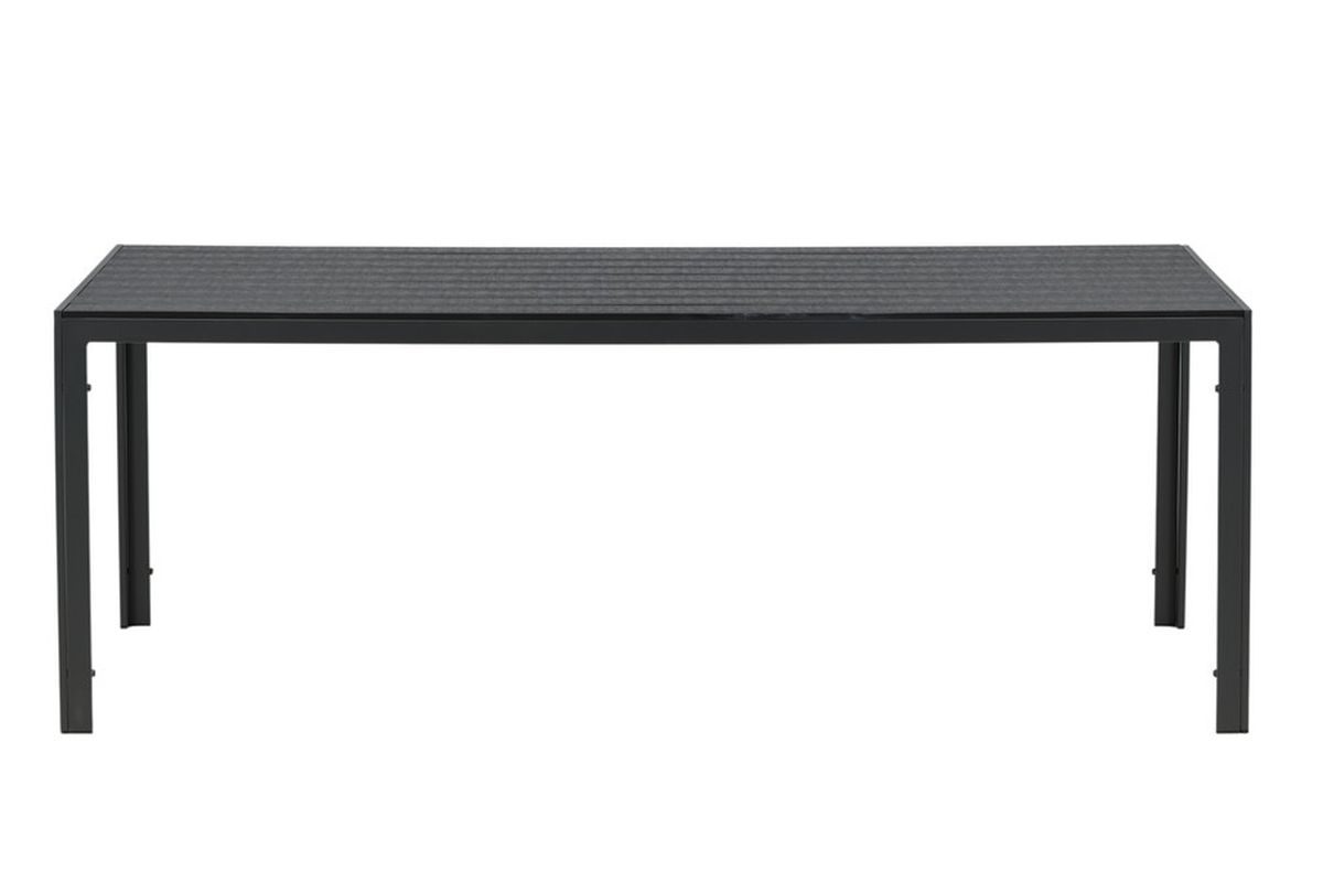 Table de jardin Break noire avec plateau aspect bois et pieds aluminium noir, grande table extérieure 8 personnes
