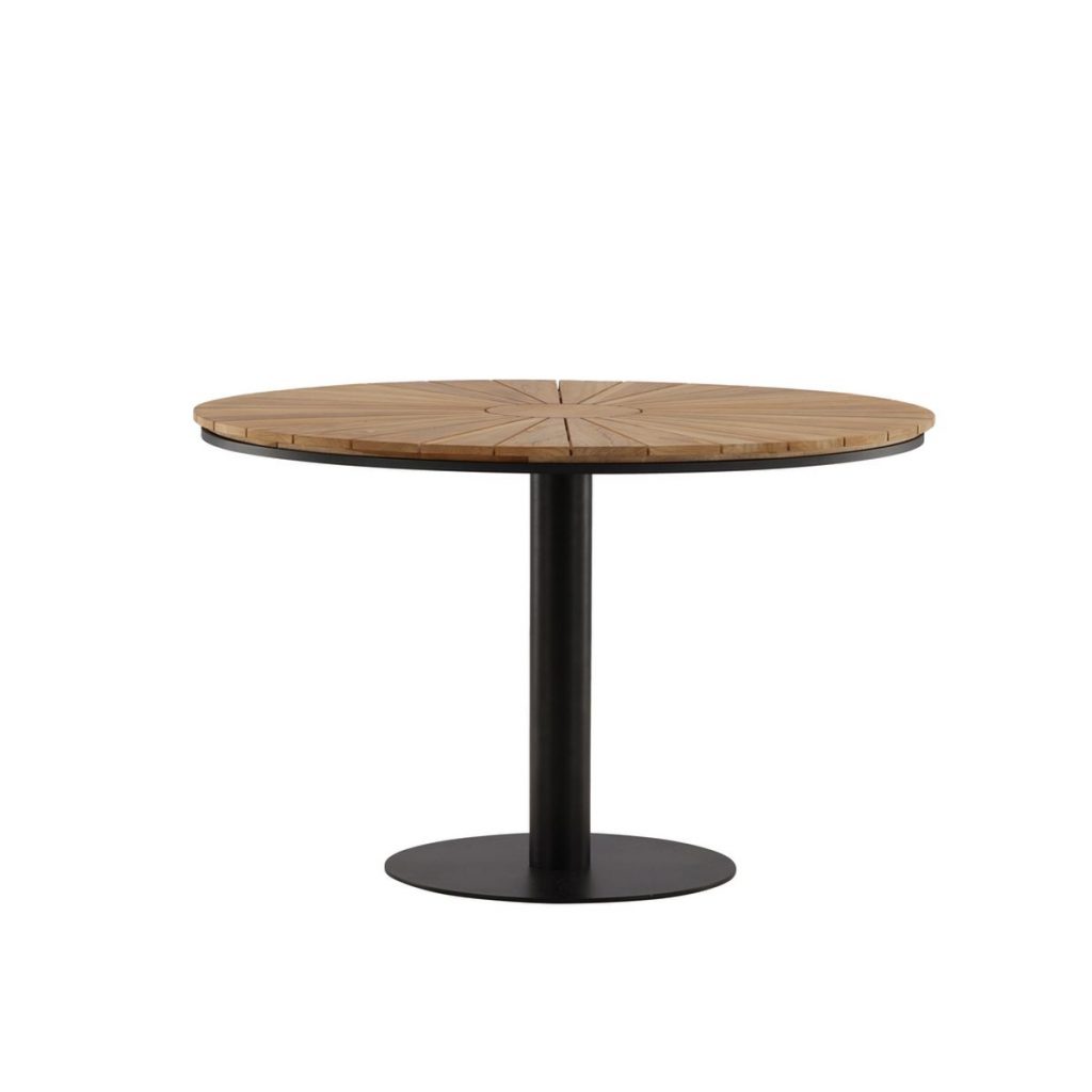Table à manger extérieur Croft noir ronde en teck et aluminium 120 cm pour terrasse moderne