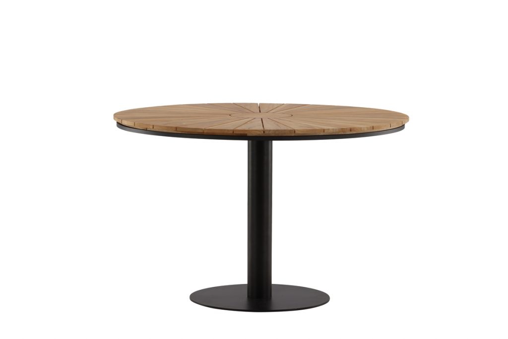 Table à manger extérieur Croft noir ronde en teck et aluminium 120 cm pour terrasse moderne
