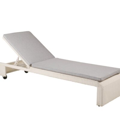 Transat London blanc en rotin synthétique avec coussin et roulettes – bain de soleil mobilier de jardin