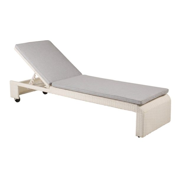 Transat London blanc en rotin synthétique avec coussin et roulettes – bain de soleil mobilier de jardin