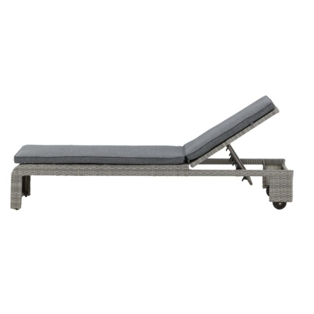 Transat London gris en rotin synthétique avec coussin et roulettes – bain de soleil mobilier de jardin