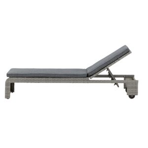 Transat London gris en rotin synthétique avec coussin et roulettes – bain de soleil mobilier de jardin