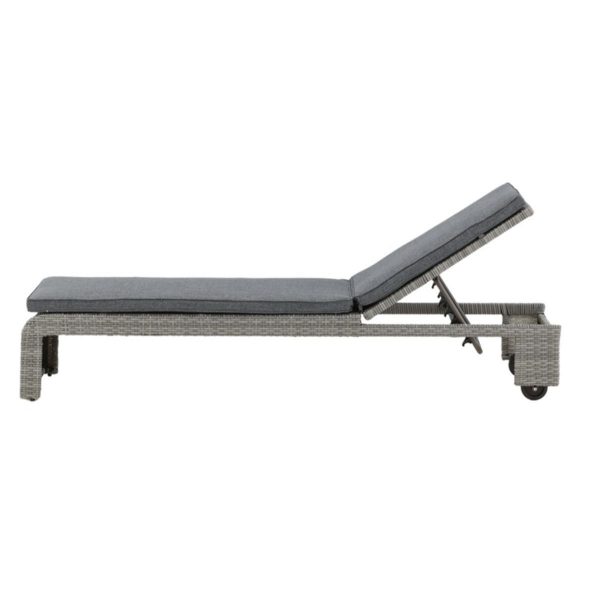 Transat London gris en rotin synthétique avec coussin et roulettes – bain de soleil mobilier de jardin