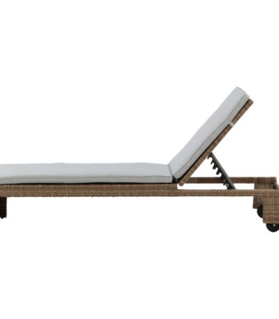 Transat London en rotin synthétique naturel avec coussin blanc et roulettes – bain de soleil réglable