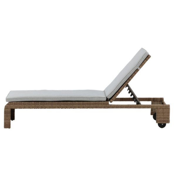 Transat London en rotin synthétique naturel avec coussin blanc et roulettes – bain de soleil réglable