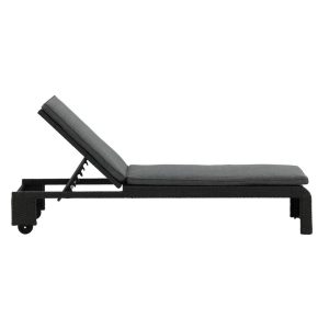 Transat London noir en rotin synthétique avec coussin et roulettes – bain de soleil mobilier de jardin