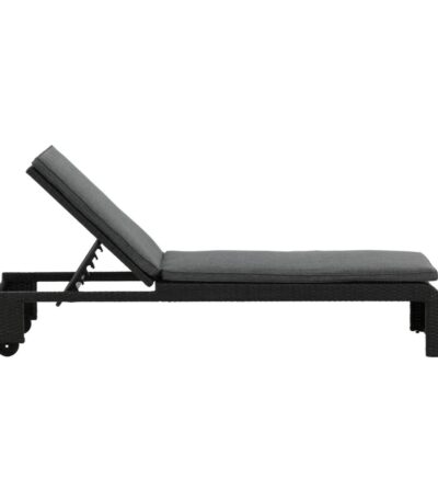 Transat London noir en rotin synthétique avec coussin et roulettes – bain de soleil mobilier de jardin