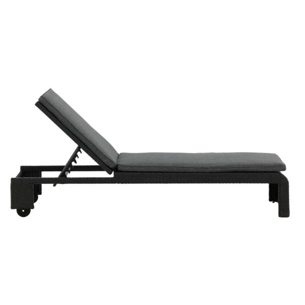 Transat London noir en rotin synthétique avec coussin et roulettes – bain de soleil mobilier de jardin