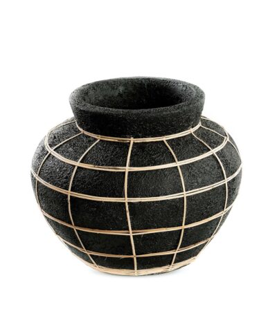 Vase Belly - Noir - M en terre cuite avec tressage rotin décoratif