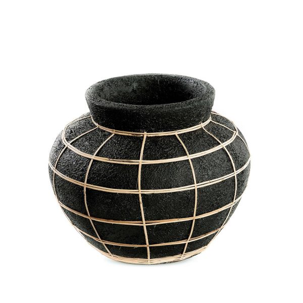 Vase Belly - Noir - M en terre cuite avec tressage rotin décoratif