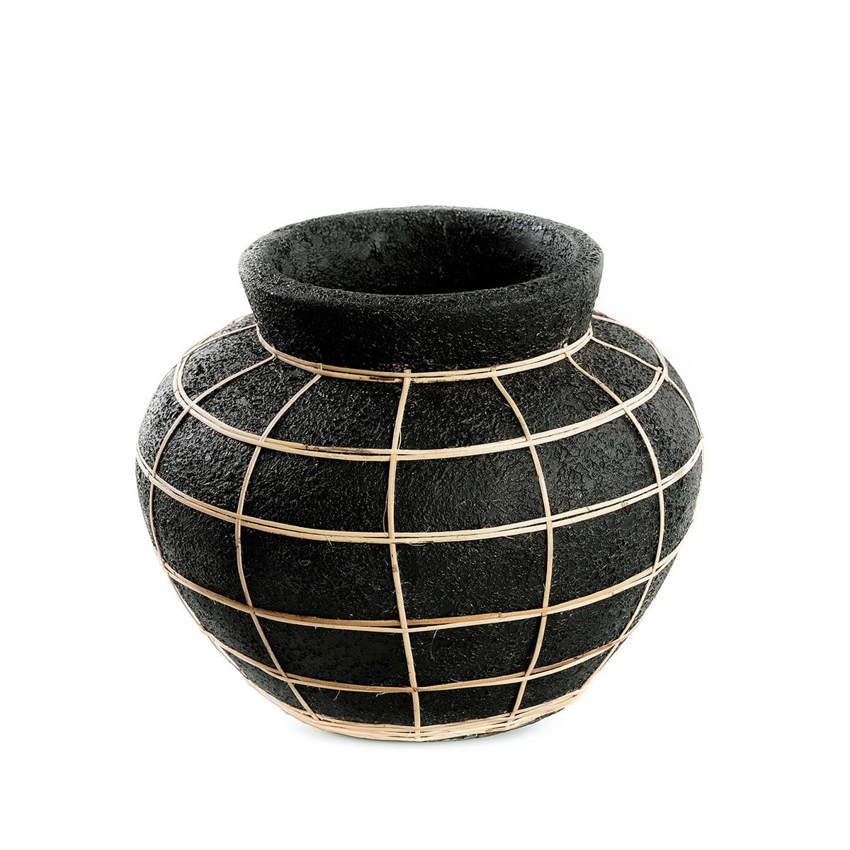 Vase Belly - Noir - M en terre cuite avec tressage rotin décoratif