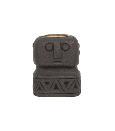 Bougeoir Sumba Stone 2326 en pierre noire sculpté à la main avec visage stylisé inspiration statue indonésienne