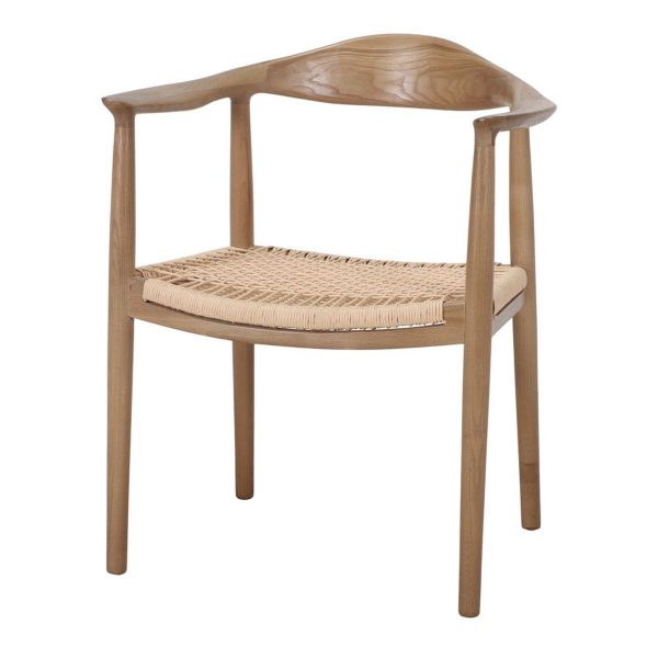 Chaise en bois Dessa avec accoudoirs et assise en corde naturelle tressée, style scandinave et japandi, chaise bois naturel intérieur