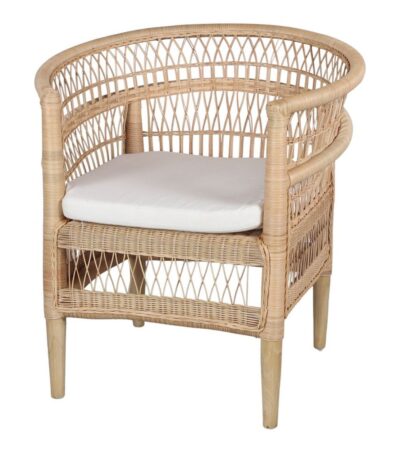 Fauteuil en rotin Java avec coussin, design arrondi et tressage ajouré pour intérieur naturel