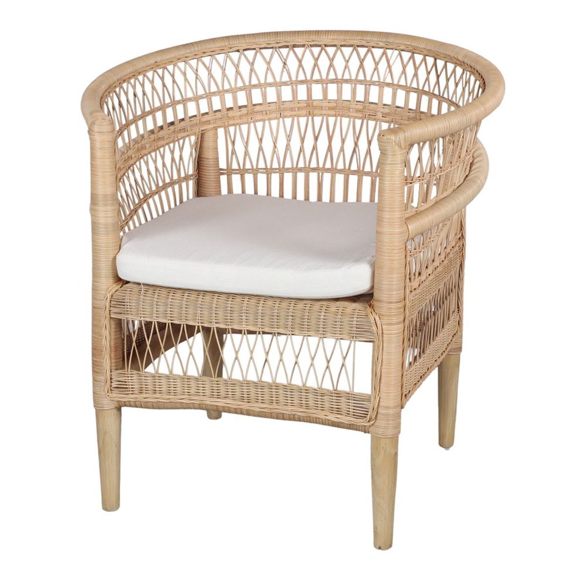 Fauteuil en rotin Java avec coussin, design arrondi et tressage ajouré pour intérieur naturel