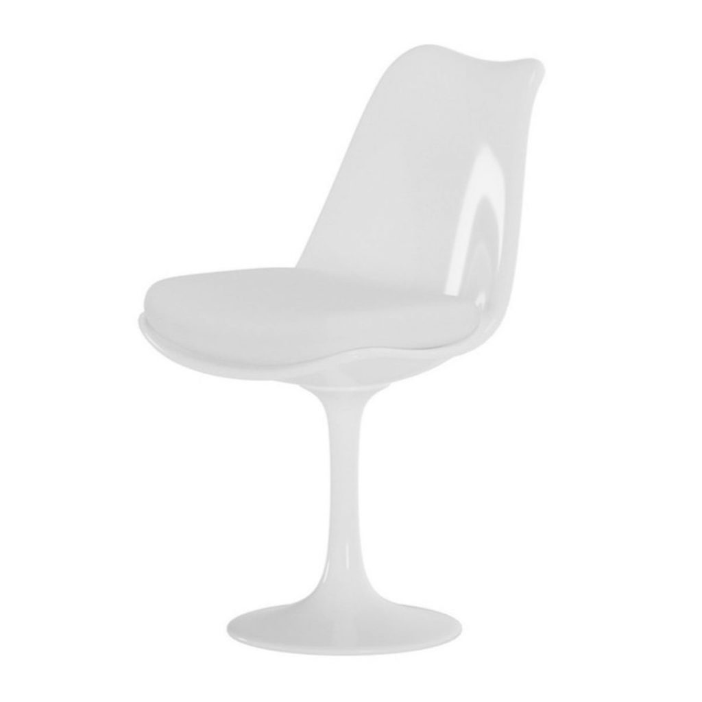 Chaise design blanche ELIOS avec pied central et coussin, chaise de salle à manger moderne