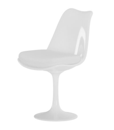 Chaise design blanche ELIOS avec pied central et coussin, chaise de salle à manger moderne