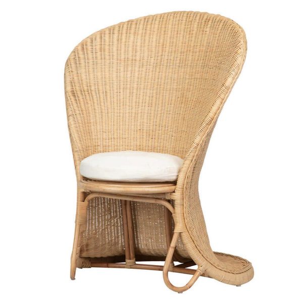 Fauteuil rotin paon naturel avec coussin, fauteuil en rotin haut dossier style vintage pour intérieur