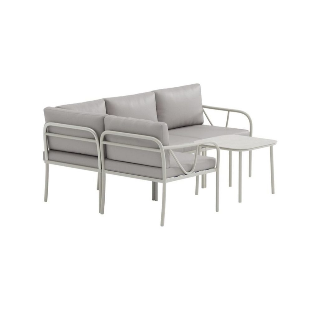 Salon de jardin d’angle LINO en acier avec coussins greige et table, ensemble extérieur moderne pour terrasse ou jardin