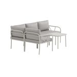 Salon de jardin d’angle LINO en acier avec coussins greige et table, ensemble extérieur moderne pour terrasse ou jardin