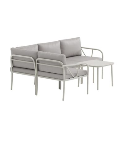 Salon de jardin d’angle LINO en acier avec coussins greige et table, ensemble extérieur moderne pour terrasse ou jardin