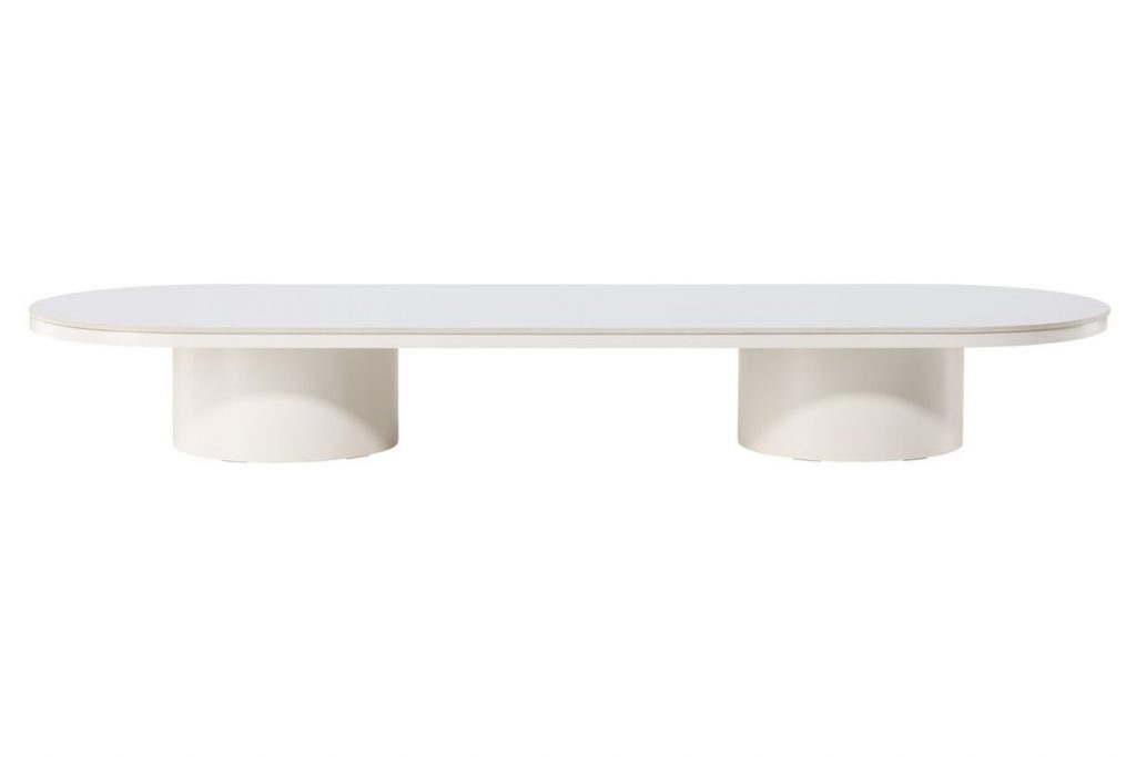 Table basse Alba beige 190 x 60 cm avec plateau en pierre frittée et pieds cylindriques, table basse design salon