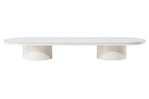 Table basse Alba beige 190 x 60 cm avec plateau en pierre frittée et pieds cylindriques, table basse design salon