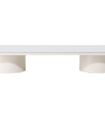Table basse Alba beige 190 x 60 cm avec plateau en pierre frittée et pieds cylindriques, table basse design salon