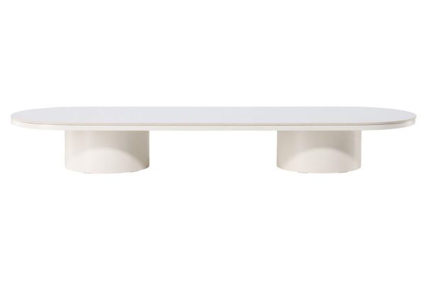 Table basse Alba beige 190 x 60 cm avec plateau en pierre frittée et pieds cylindriques, table basse design salon