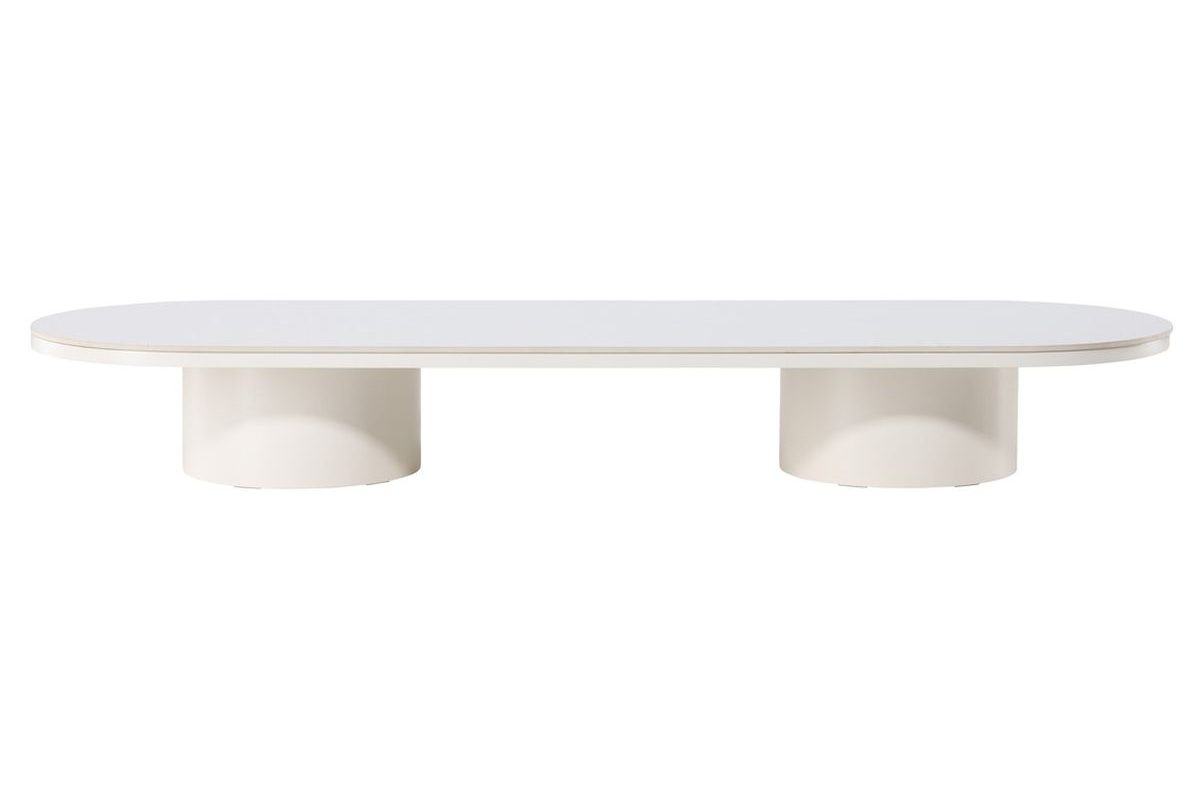 Table basse Alba beige 190 x 60 cm avec plateau en pierre frittée et pieds cylindriques, table basse design salon